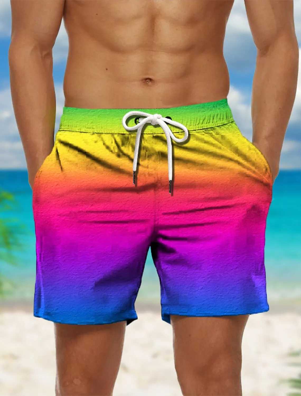 Rainbow colored 3D printed shorts for men comfortable and casual swimming shorts for women fashionable beach shorts sports and fitness ice shortsXJ250