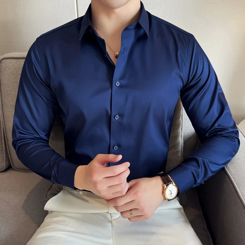 Mens Shirts Plain Color Dress Elastic Slim Fit Social Shirt Long Sleeve Elegant Prom Tuxedo Big Size 250227