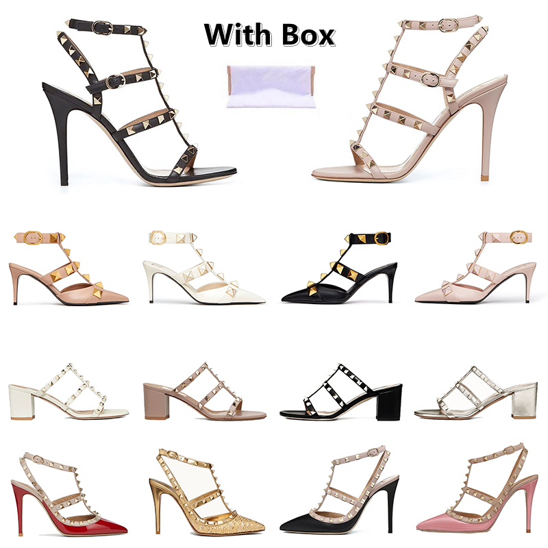 with Box Designer high heels Fashion women dress shoes Summer Sandals womens heel leather gold platform rivet spikes peep-toes Office party Wedding size 35-42 6 8 10 cm