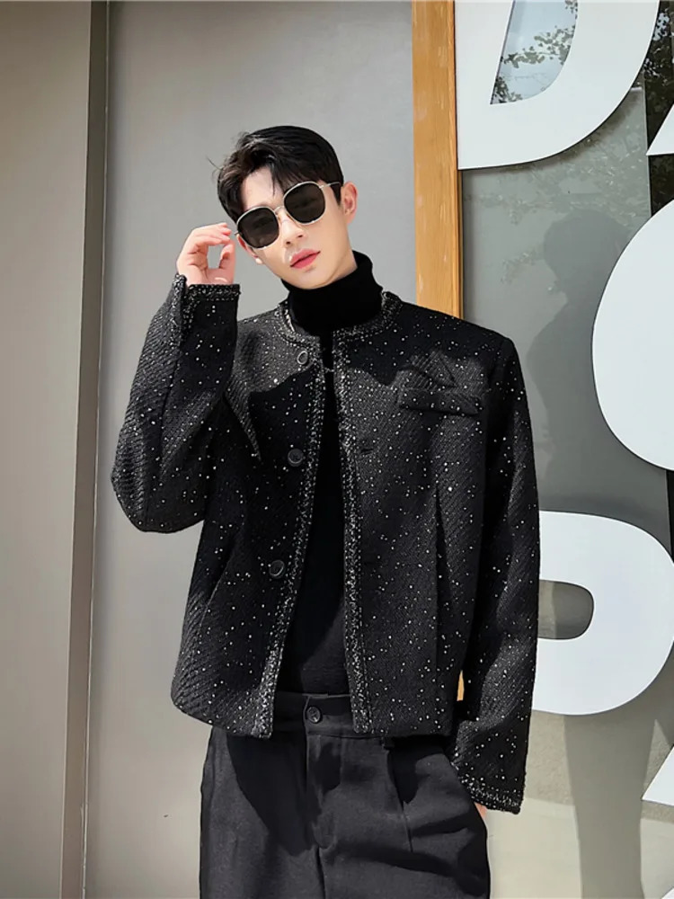 SYUHGFA mens 2024 autumn collarless highquality short loose wool jacket Korean streetwear single chest 250304
