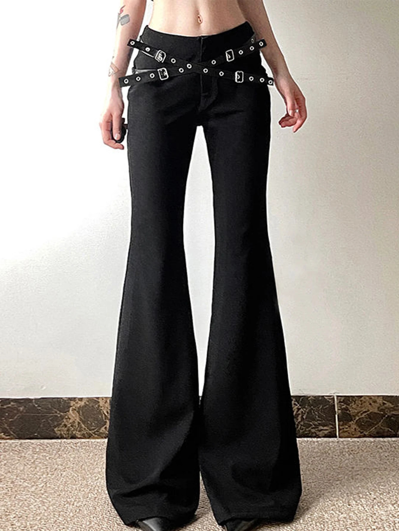 Summer European And American Style Bell Bottoms Fashion Womens Trend Leather Buckle Waist Tight Trousers Woman 250304