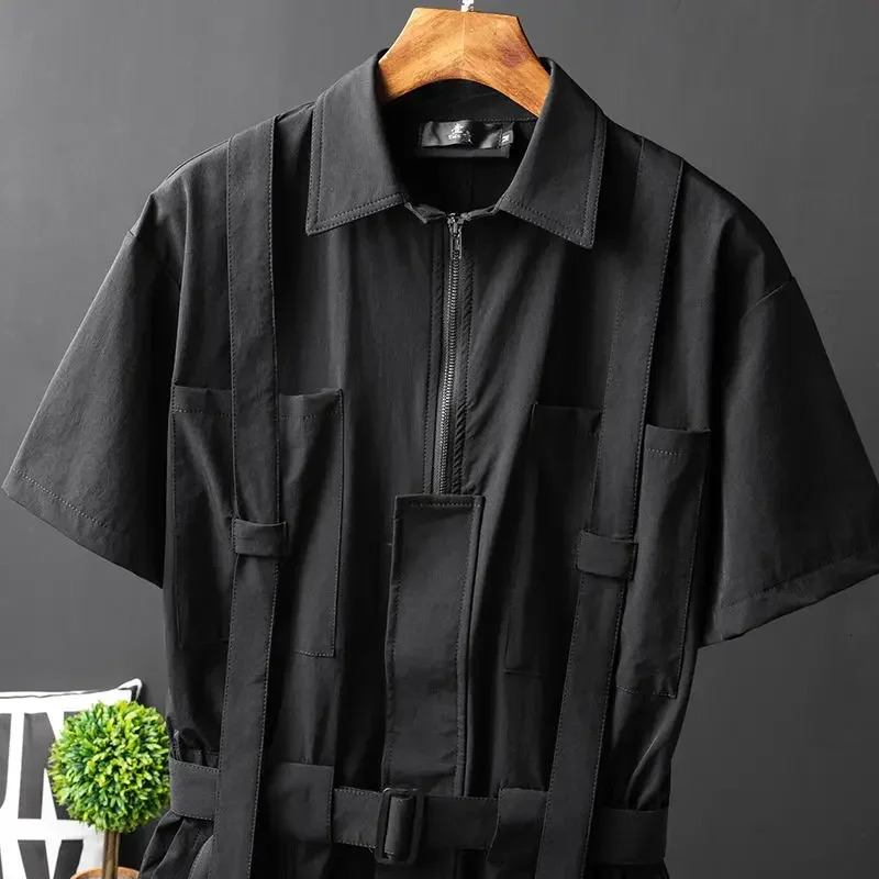 Black Casual Workwear Jumpsuits Men Korean High Street Youth Loose Fitting Short Sleeved Allinone Suit Safari Cargo Half Pants 250224