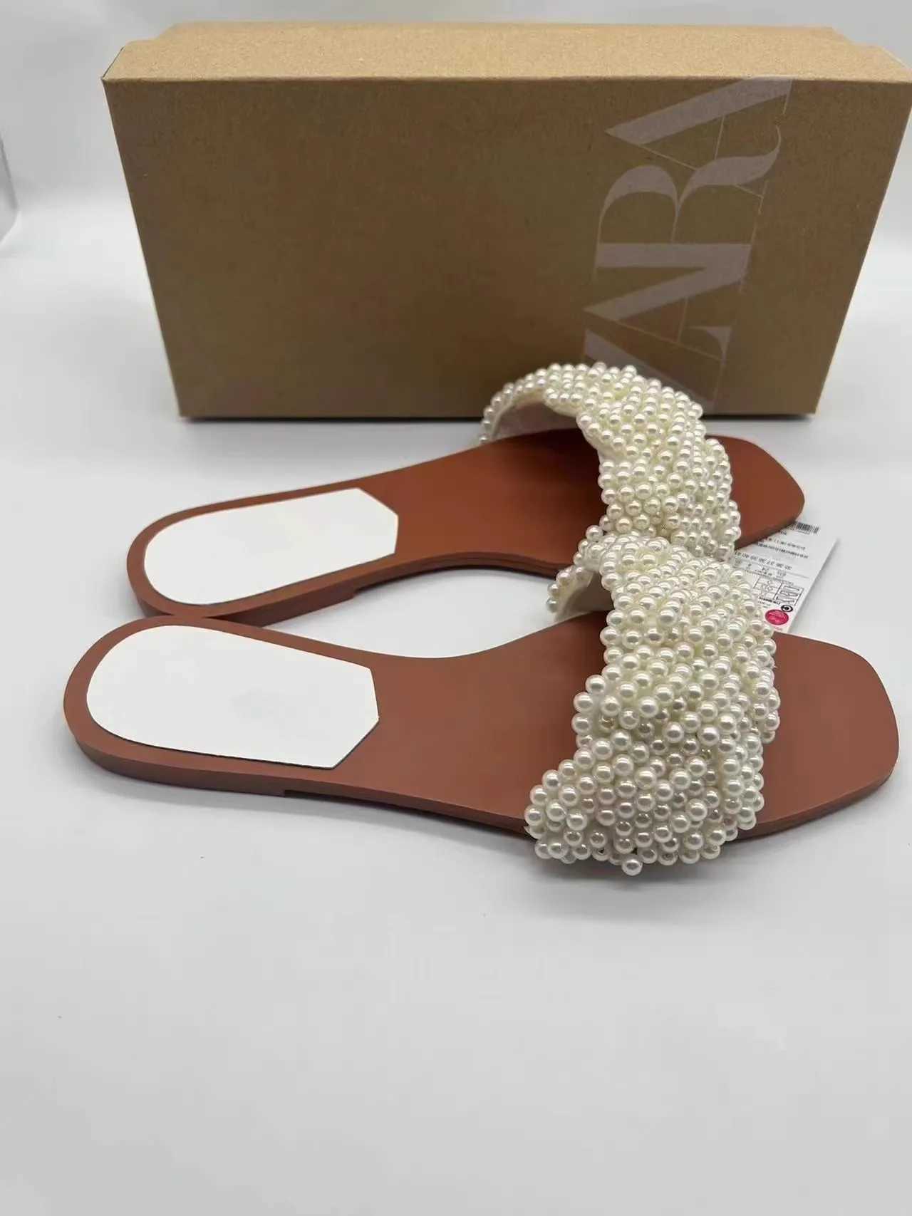 Summer new wens shoes artificial pearl inlaid half slippers open toe to wear flat casual beach shoes Y250304