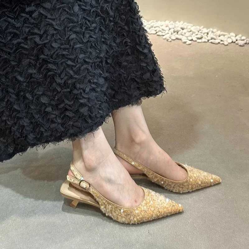 Wens Single Shoes with H Bling Pointed Toe Thin H Shoes Wen French A Sense of High-end Banquet Sandals The Woman Y250304