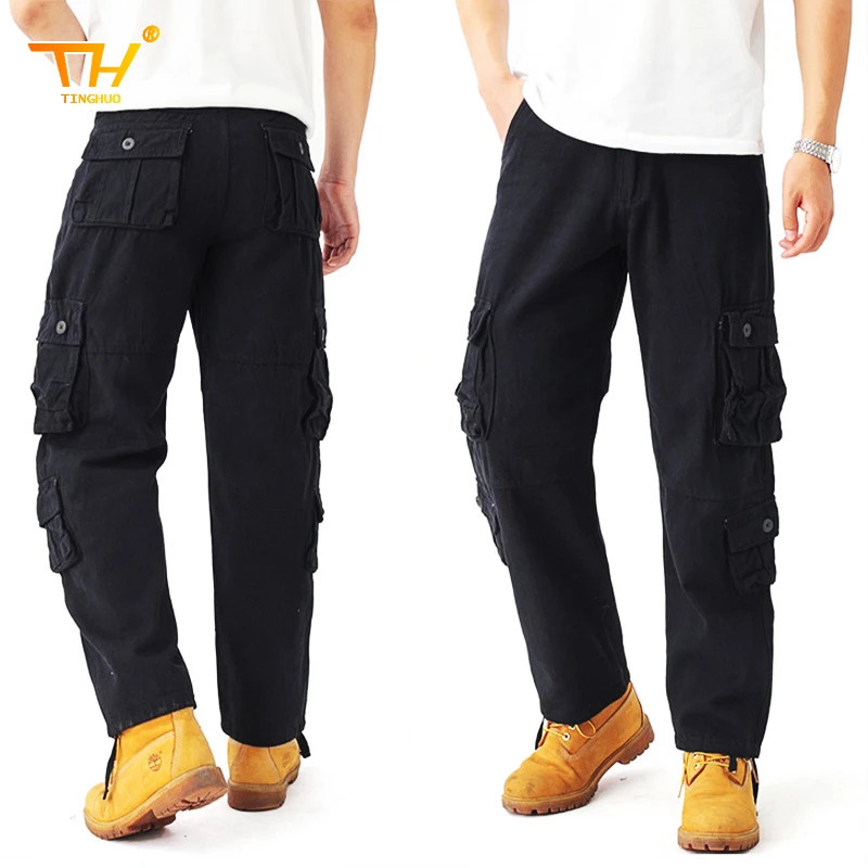 Mens tactical solid color coated highquality cotton multi pocket Trouser sports training casual work pants 250304