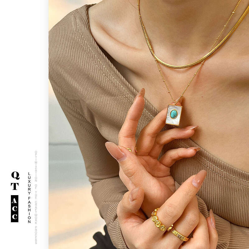 Trendy square fashion natural stone shell gold necklace women's versatile high-end titanium steel jewelry