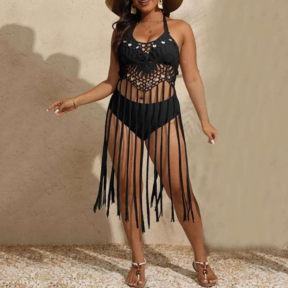 Long Super Tassel Beach Dress For Women Summer Sequin Swimsuit Cover Up Rosered Adjustable Strappy Beachweawr V Neck Hollow Out Km-Ly