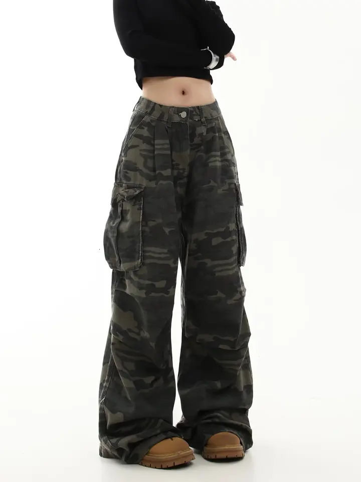 Camouflage Cargo Pants Women Y2K Streetwear Low Rise Jeans Retro Wide Leg Trousers Denim Straight Trousers Harajuku 250304