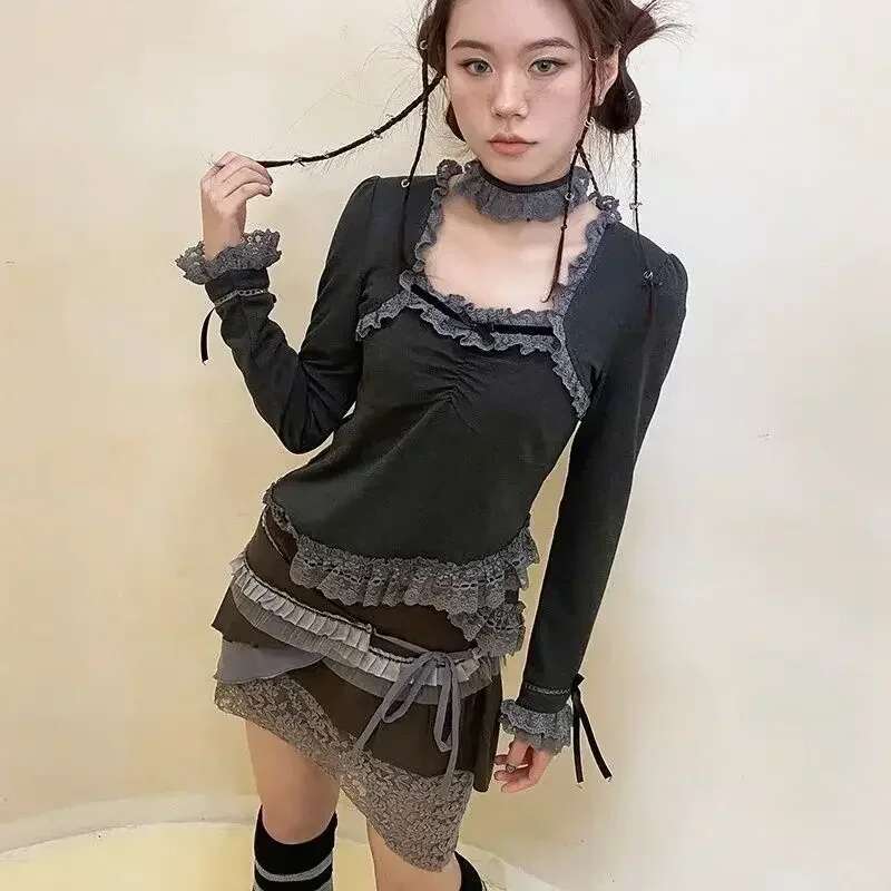 2024 Autumn Long Sleeve Square Collar Patchwork Lace Hottie Tunic Tees Irregular Vintage T-Shirt Y2k Tops For Women Ropa Mujer