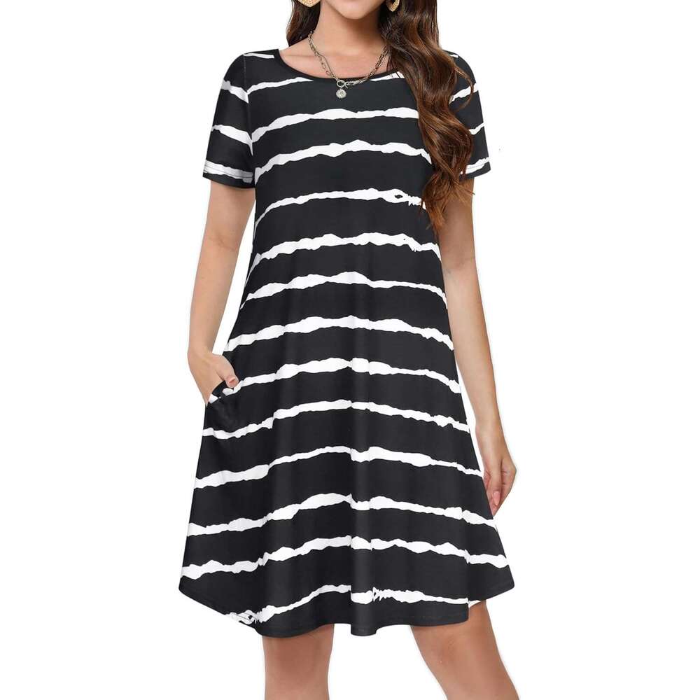 Women's summer dress casual T-shirt short sleeved floral vest skirt beach cover with pockets