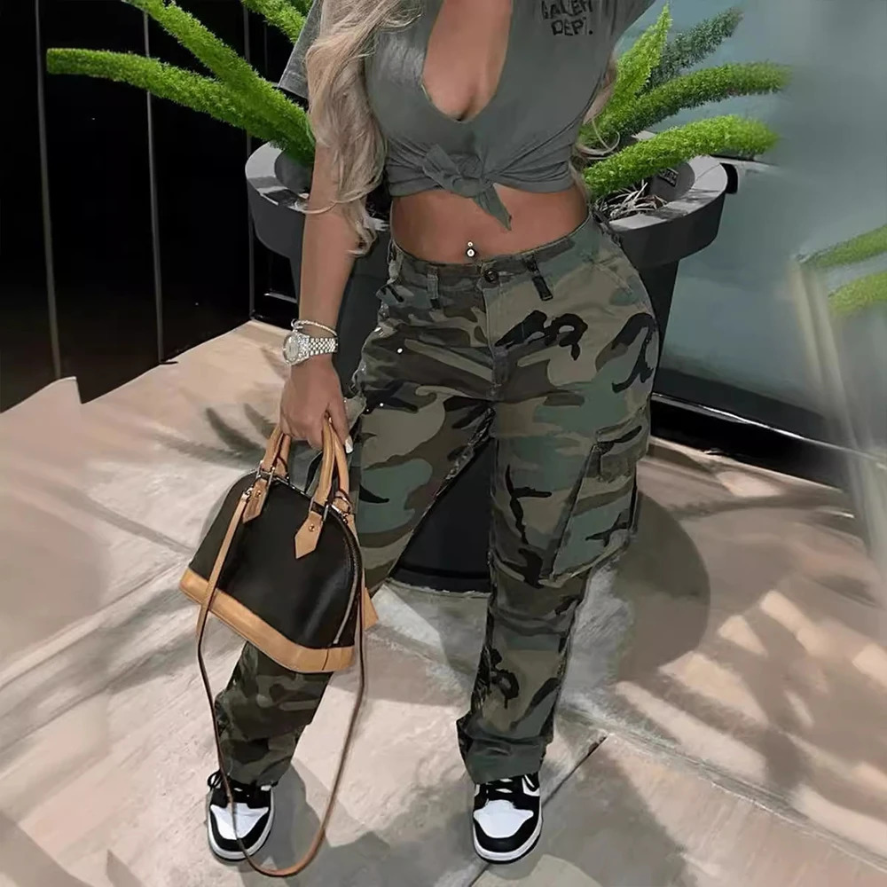 Women Vintage Pants High Waist Casual Y2K Camouflage Trousers Cargo Long Pant Female Camo Pants XS S M L XL 250304