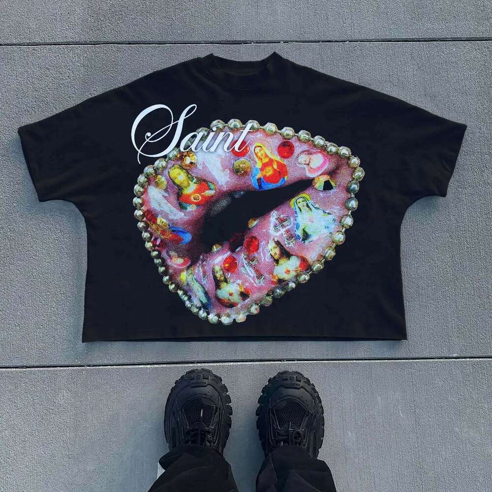 Multi element creative design print Y2K summer street hip-hop style cotton plus size loose pullover top