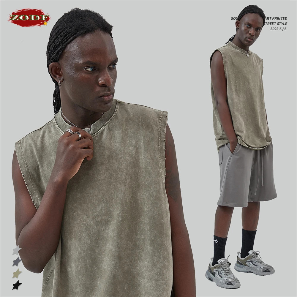 ZODF Summer Washed Batik Cotton Tank Tops For Men Unisex American Retro High Street Sleeveless Tees Vest Tops HY0480 250304