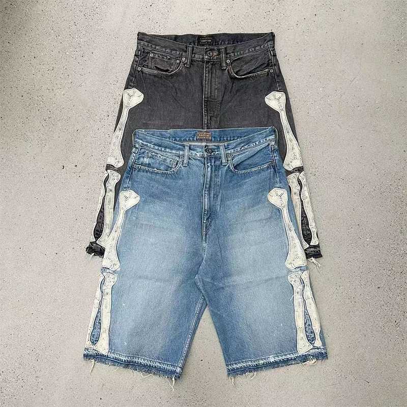 Men Vintage Bone Blue Denim Shorts Summer Casual Loose Jeans Shorts Retro Harajuku Streetwear Hip Hop Y2K Shorts Man y2k pantsT250305