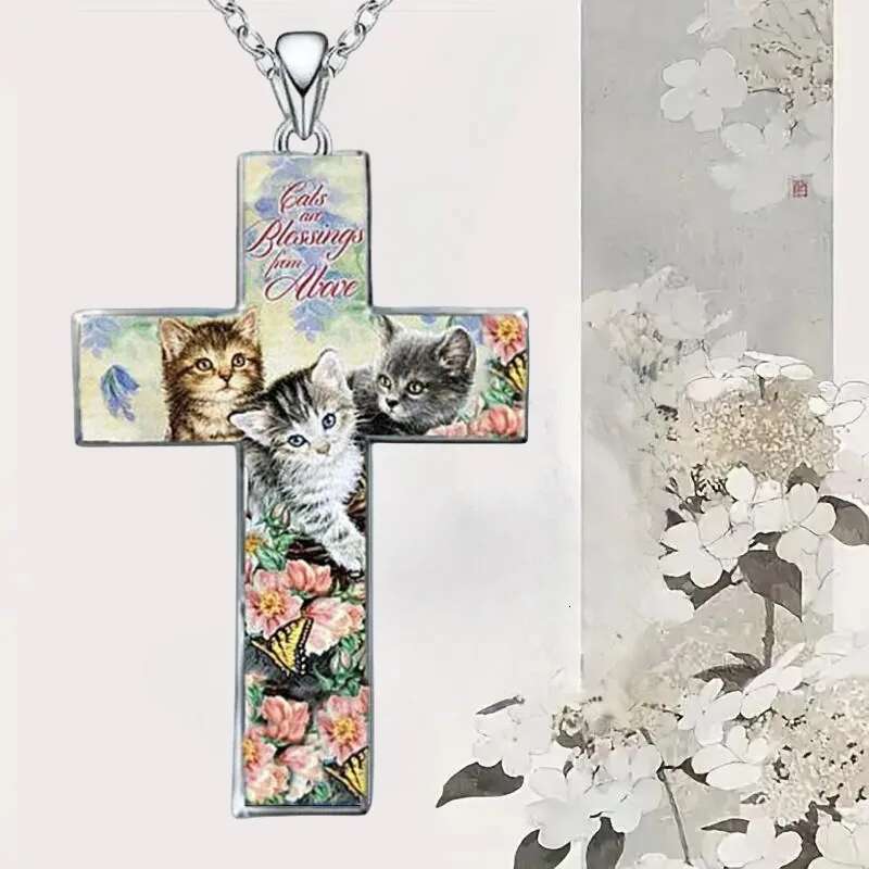 Stylish and Exquisite Three Cats Cross Pendant Necklace Kid Christian Religious Jewelry Accessories for Friend Birthday Gift