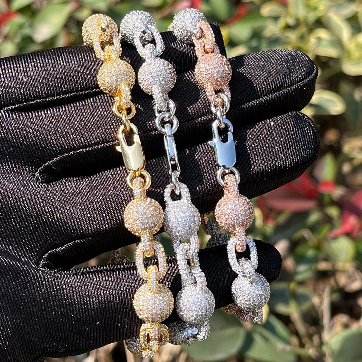 Hip Hop 10mm Beads Ball Bubble Chain Bracelets 5A Zircon Women Mens Sport Jewelry