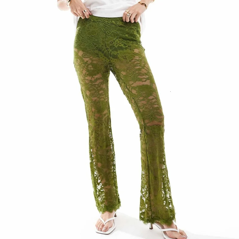 Stylish See-Through Lace Flare Pants Womens High Rise Elastic Waist Bell-Bottoms Spring Summer Streetwear Long Trousers 250304