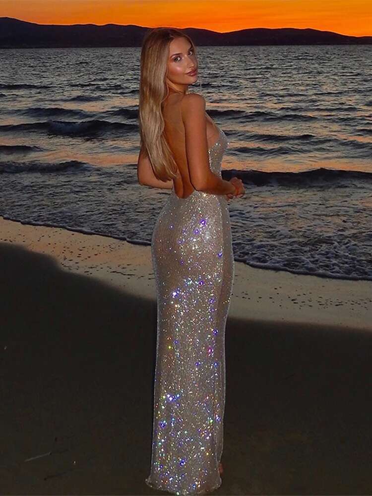 Sexy Sequin Dias Dresses Women Shiny Sleeveless Backless Bodycon Fishtail Gown Lady Perspective Evening Party Dress