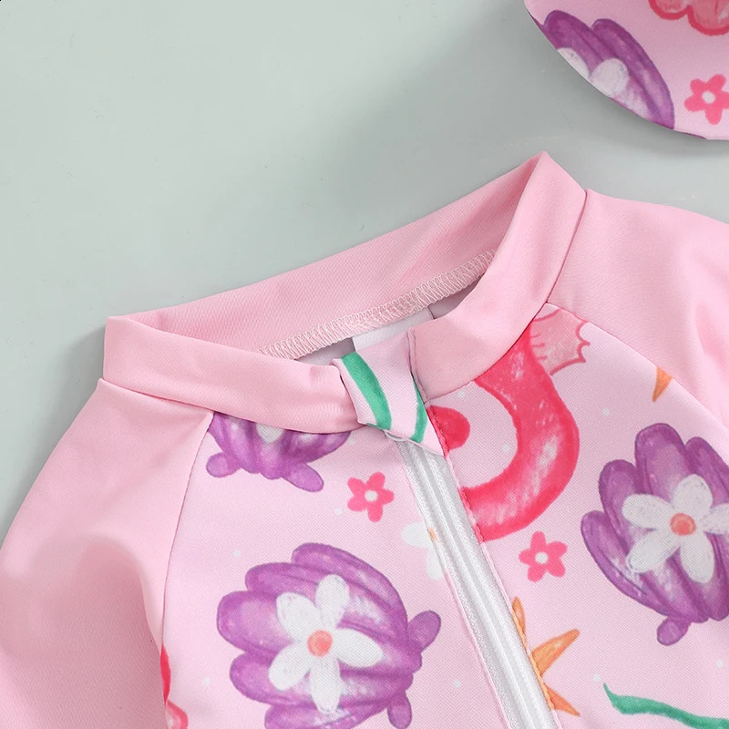Baby Girl Swimsuit Ruffle Sleeve Floral Print Swimwear with UPF 50 Sun Protection and Matching Hat Set 250304