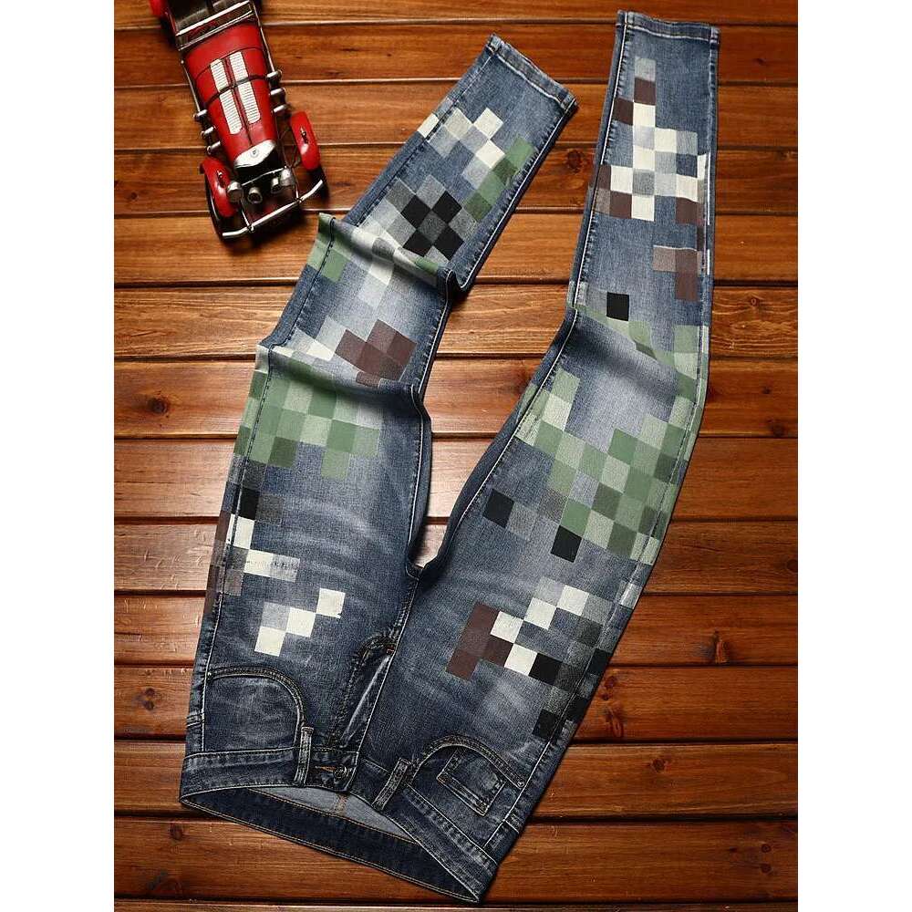 Trendy Design Mosaic Printed Jeans For Men's Fashionable Summer Thin Casual And Handsome Elastic Denim Slim Fit Small Leg Pants
