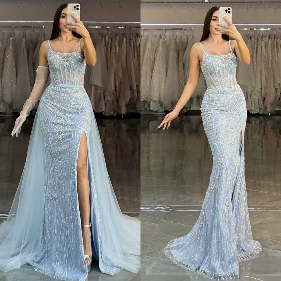 Elegant Mermaid Evening Dresses For Women Spaghetti Strap Sleeveless Gown Appliques Sequins Detachable Train Party Customized Dress