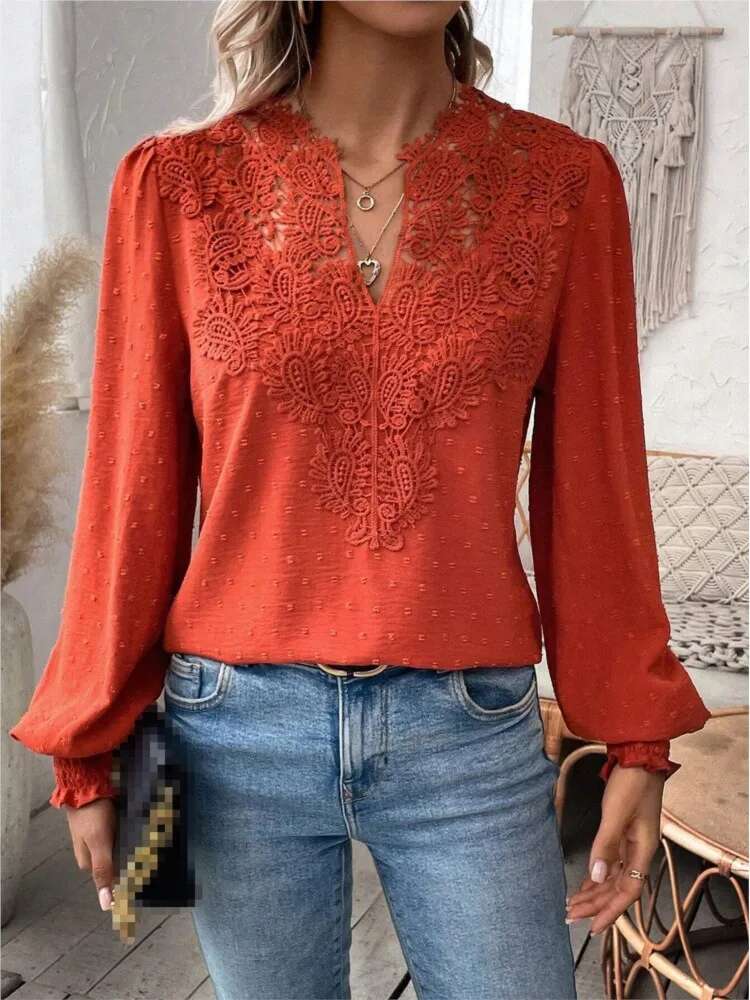 2024 Autumn New Sexy V-Neck Fashionable Lace Patchwork Solid Color Long Sleeved Shirt Women's Clothing