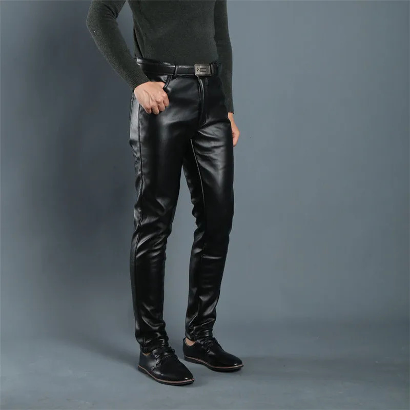 Leather pants mens long legs black solid synthetic leather jeans casual tight Korean fashion slim fit motorcycle 250304