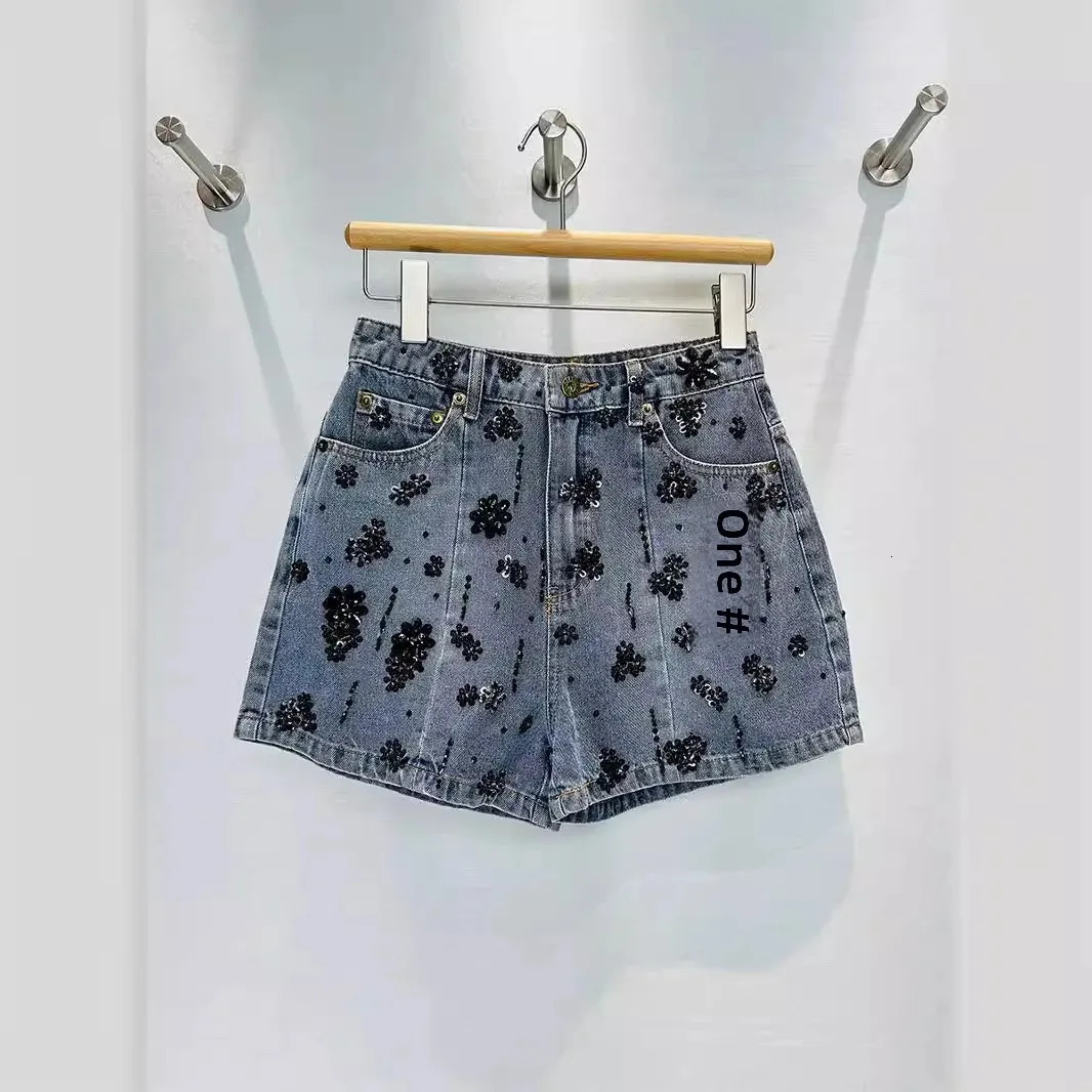 Miu Motorcycle Womens Embroidered Denim Shorts HighWaisted Versatile n Sensibility Unique Casual Pants Summer 250304