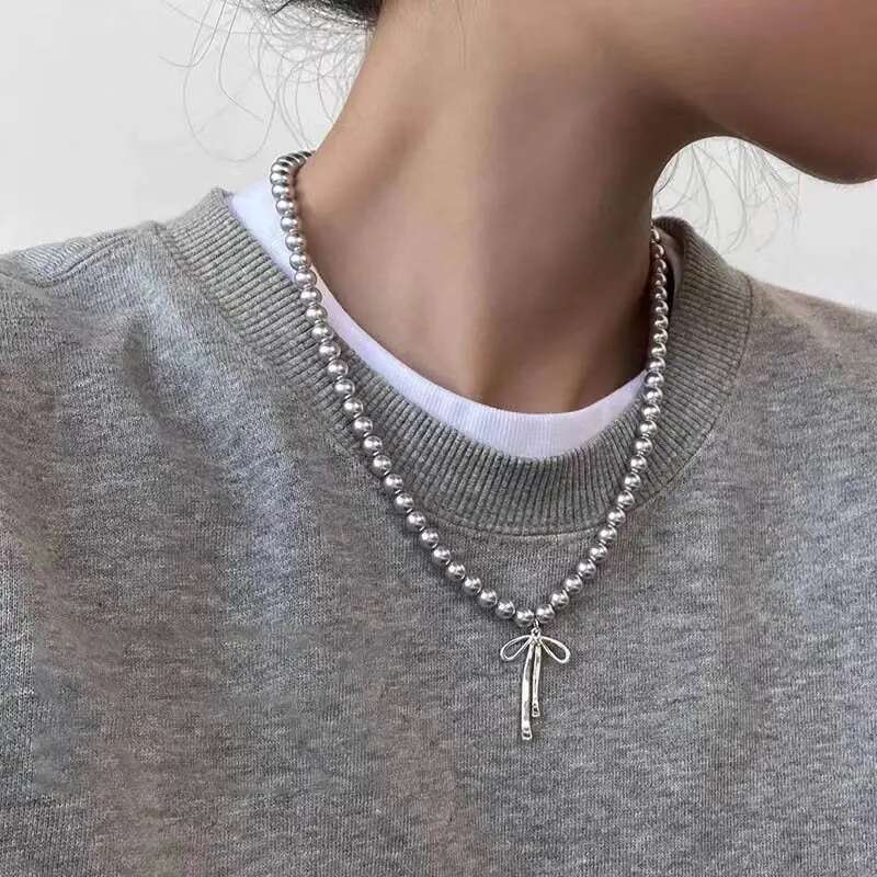 Fashion Grey Imitation Pearl Tie Pendant Necklace for Women Simple Handmade Bow Shaped Earrings Trend Jewelry Set