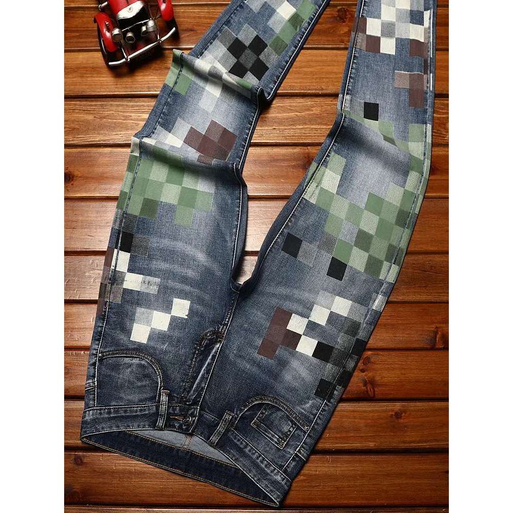 Trendy Design Mosaic Printed Jeans For Men's Fashionable Summer Thin Casual And Handsome Elastic Denim Slim Fit Small Leg Pants