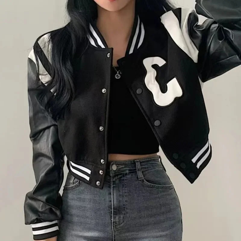 Autumn Cropped Bomber Jacket Coats Women Vintage Korean Fashion Oversize Gothic Style Baseball Short Jackets Chic Streetwear 250304