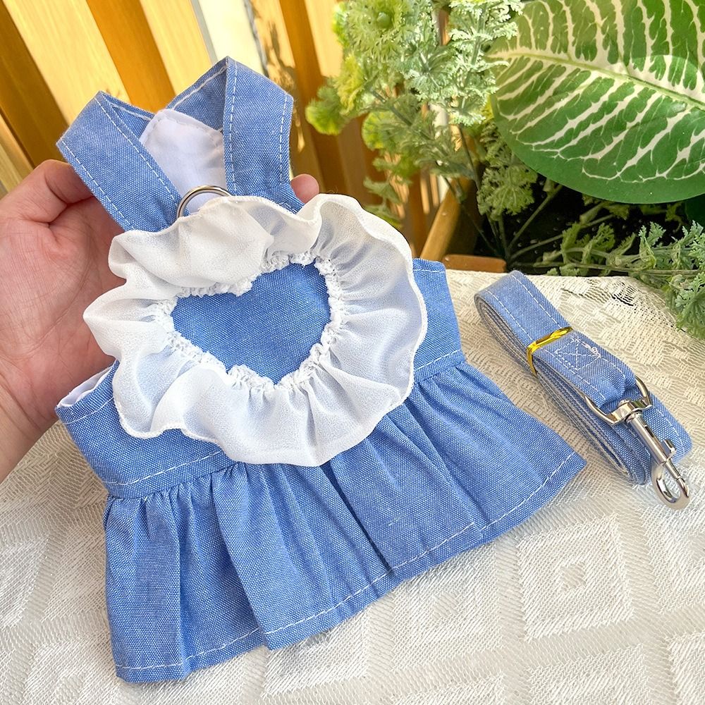 Cat Clothing Cute Dog Denim Dresses Heart Fashion Dog Cowboy Strap Dress with Ruffles Puppy Clothes For Small Medium Dogs