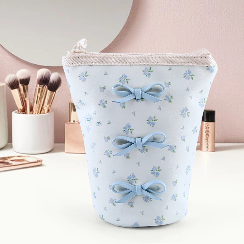 Ship from US Women Leather Makeup Bag Bow Toiletry Large Capacity Organizer Aesthetic Portable Cosmetic Storage 250305FBB