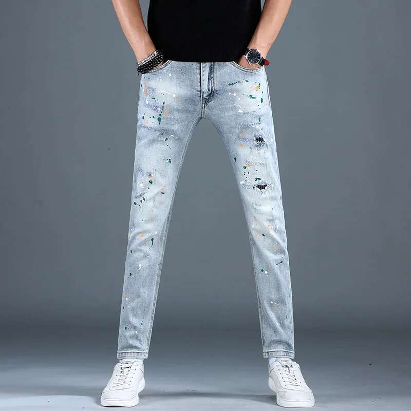 Trendy High-End Jeans Men's Personalized Paint Printing Slim Fit Skinny Stretch Casual Street Motorcycle Trousers