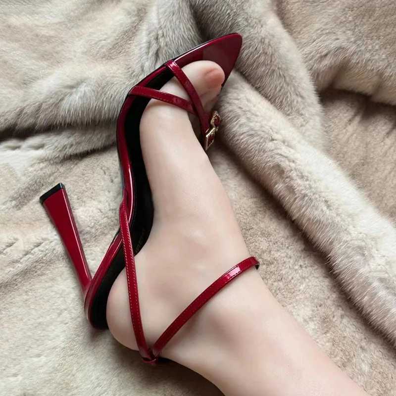 2024 Womens Summer High Heels Solid Color Pointed Toe Stiletto Buckle Fairy Striptease High Heels RedXJ2500305