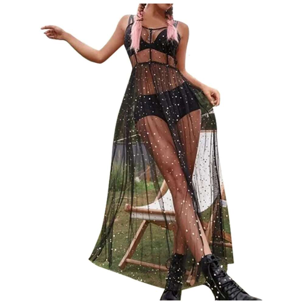 Mesh Sequin Sheer Smock For Women Sleeveless Split Midi Dress Holiday Beach Club Street Sexy Y2k Female Summer Dresses Km-Ly