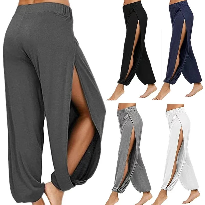 Women Fashion Yoga Pants High Waisted Slit Wide Leg Haren Pants Gym Leggings Casual Solid Hollow Workout Trousers Gym Home Wear 250304