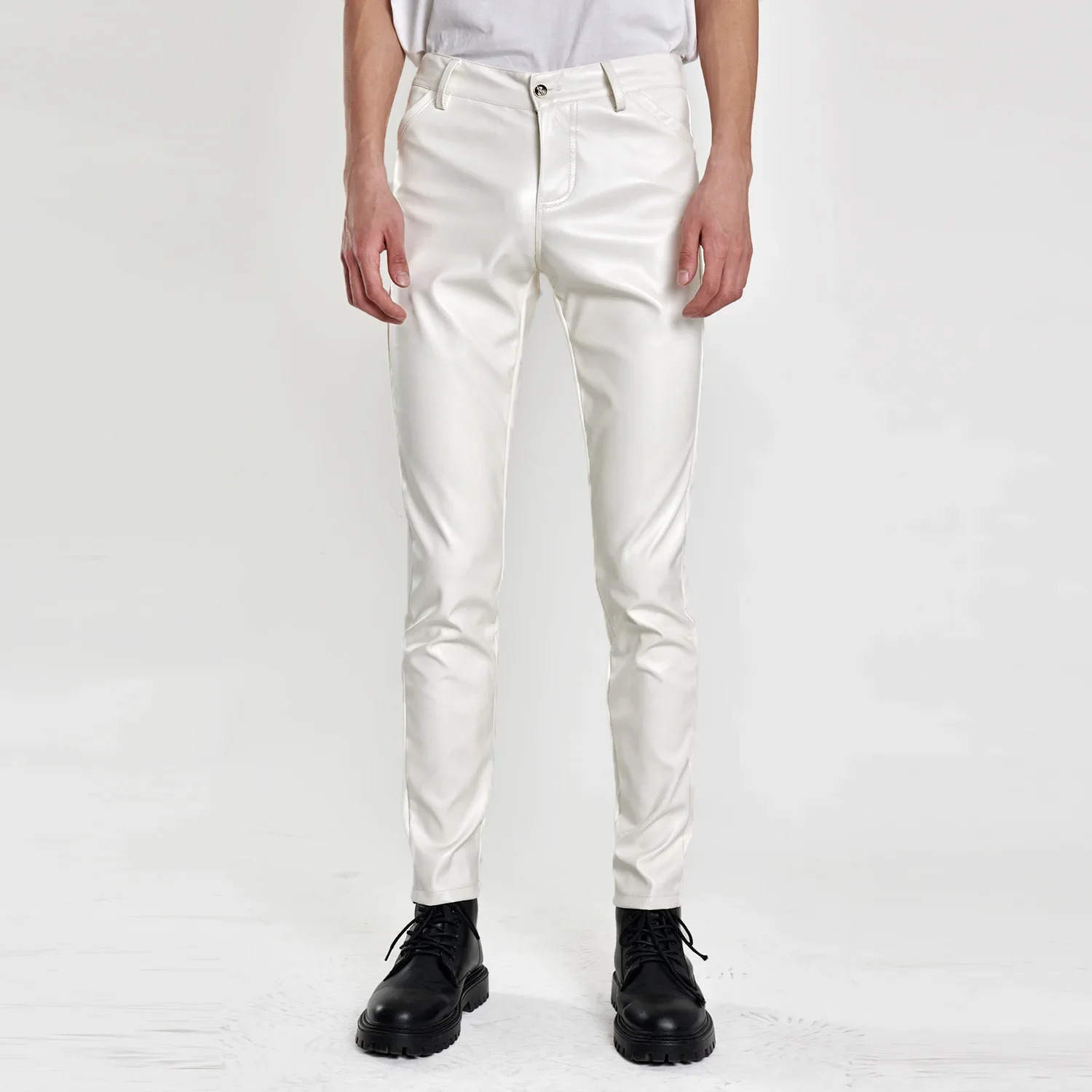 Mens Spring and Summer Fashion Solid Color Thin Leather PantsMultiple Colors Elastic Slim Small Feet Pants 250304