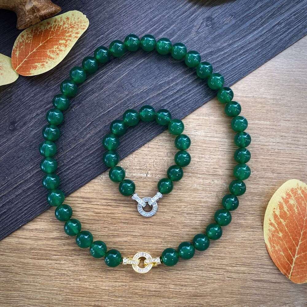 New style natural green agate necklace, simple crystal jadeite color series bead, Chinese trend jewelry gift