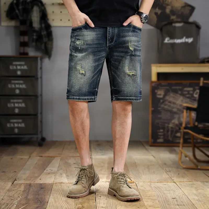 New American washed printed denim shorts mens trend handsome scraping summer Slim straight five pantsT250305