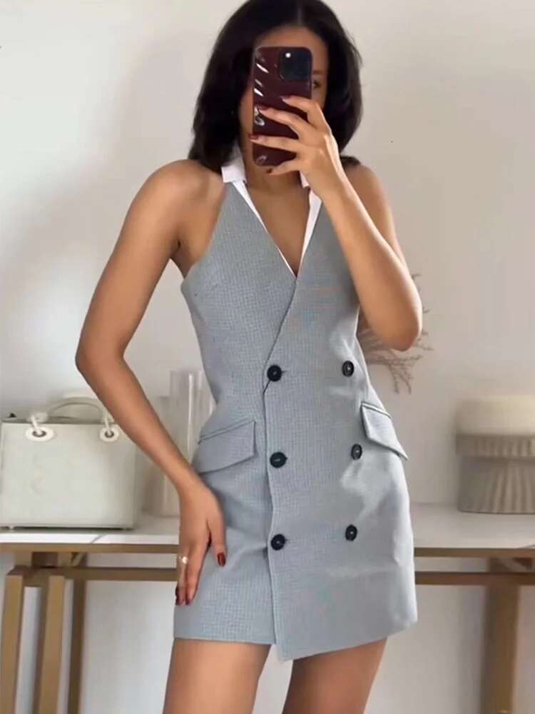 Fashion Women Plaid Halter Mini Dresses Pffice Ladies Sleevless Double Breasted Slim Chic Elegant Party Dress