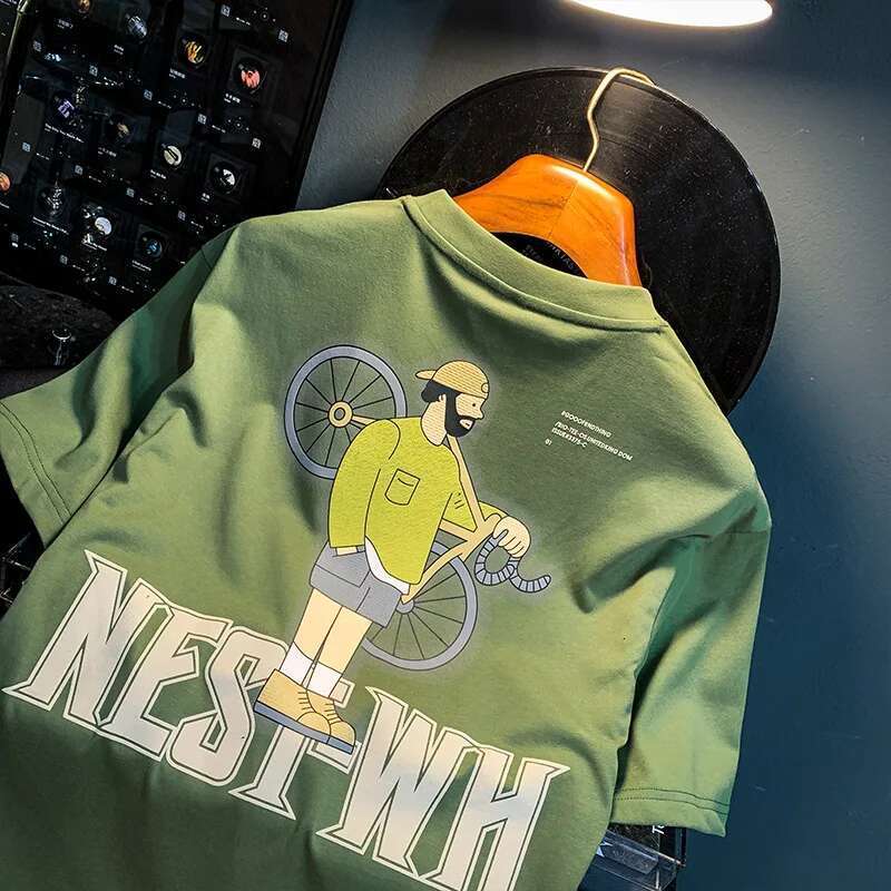 2024Summer New T-Shirt Trendy Printed Literary Youth Short Sleeve Men's Fashion Street Sports Breathable Top