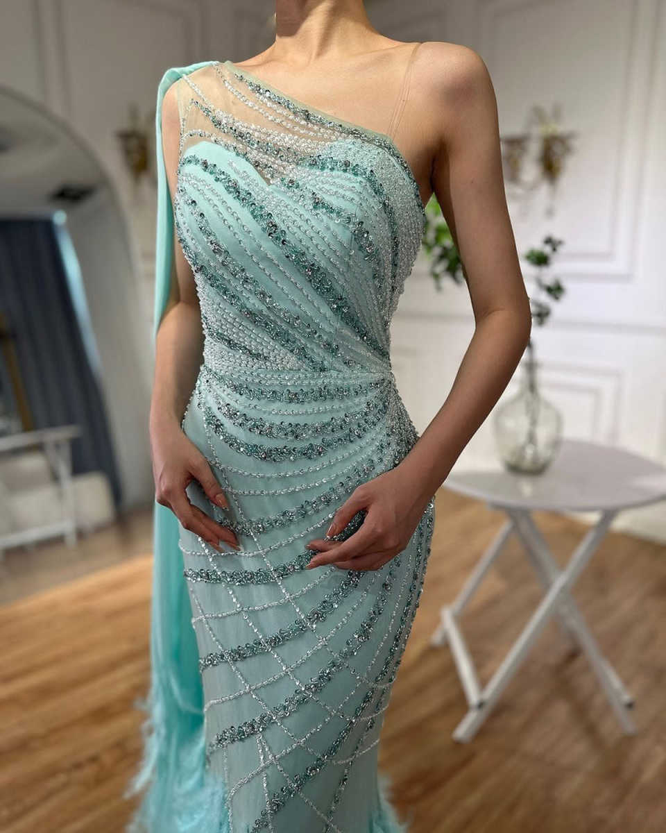 Gorgeous Evening Dresses For Women One Shoulder Long Sleeves Gown Sequins Feather Sweep Train Party Customized Dress