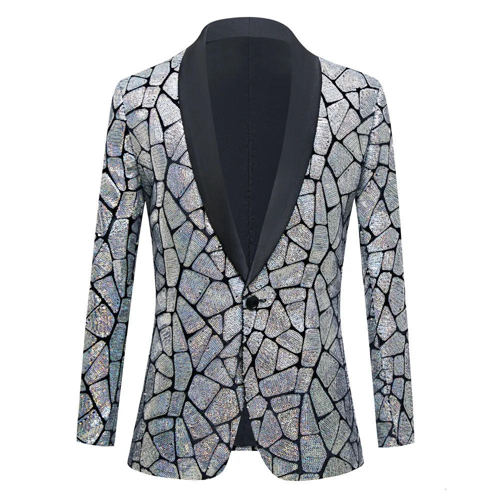 Mens Laser Sequin Blazer Jacket Shawl Lapel One Button Shiny Groom Wedding Party Suit Tuxedo Nightclub Host Mirror Coat 250304