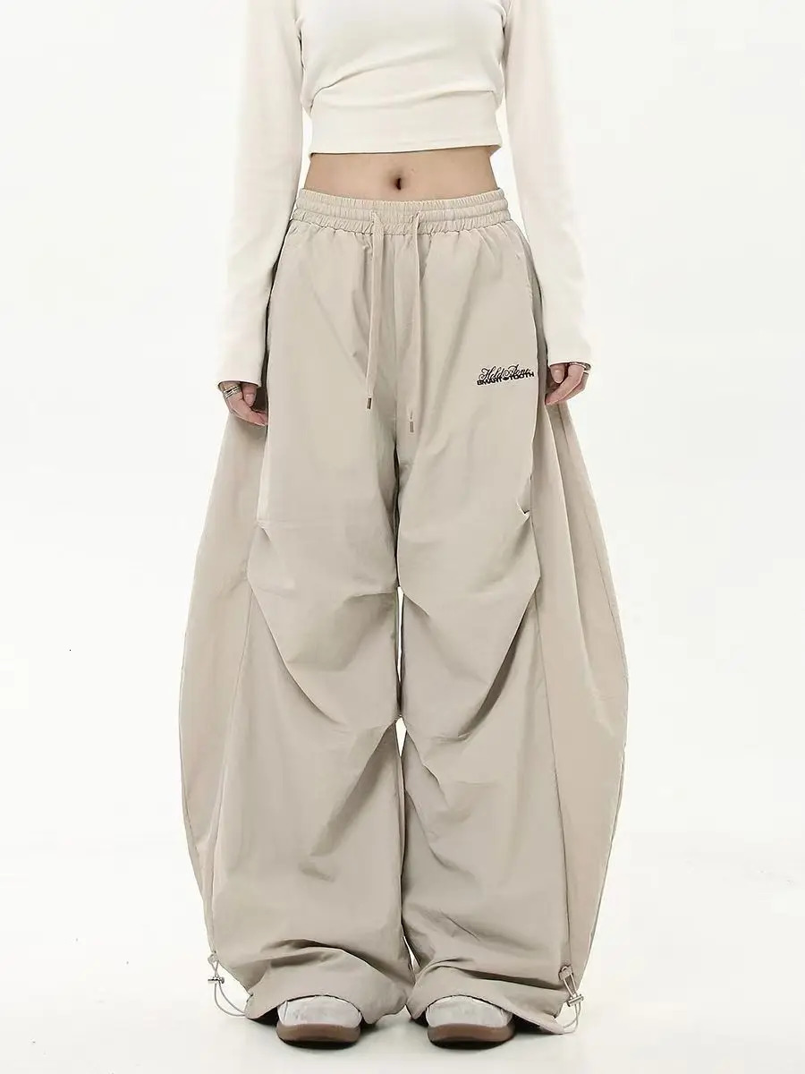 Retro Matching Oversize Womens Wide Leg Pant Low Waist Drawstring Lady Cargo Pants Y2K Hip Hop Streetwear Casual Chic Sweatpant 250304
