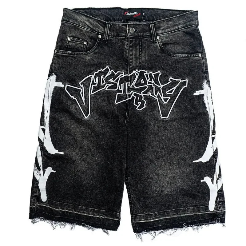 Harajuku Letter Embroidery Black Jeans for Men Hip Hop Vintage Baggy Shorts for Men Casual Gym Denim Shorts Streetwear 250304