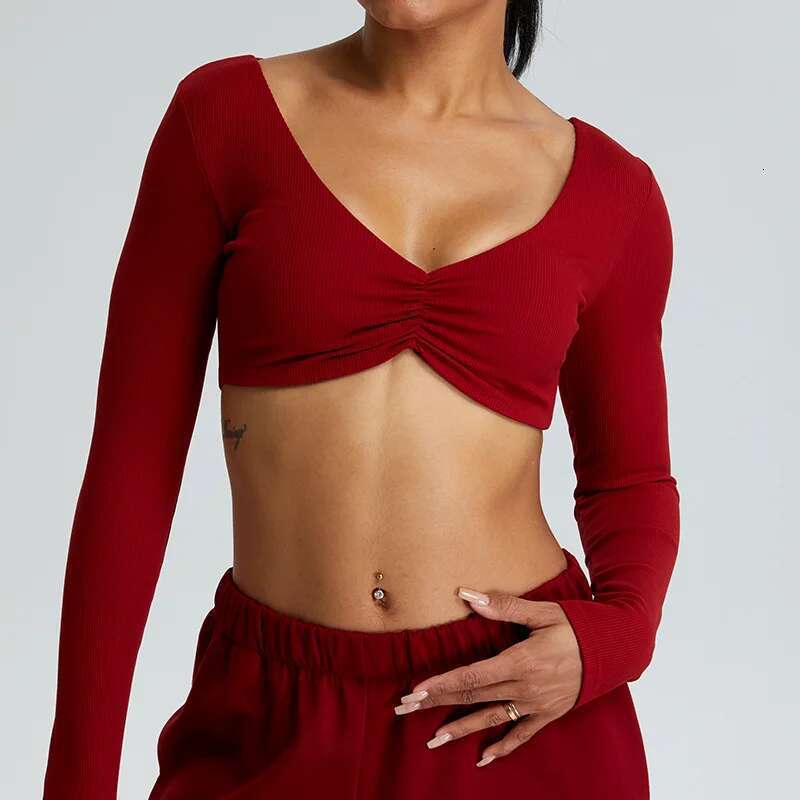 Crop Sexy Ribbed Long Sleeves Shirts For Women Yoga Sports Fiess Running Clothes Push Up Workout Top Kl-My