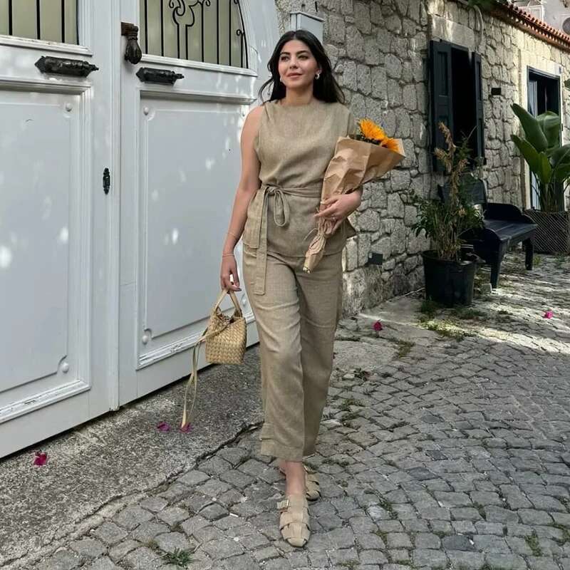 2024 New Women's Summer 2-Piece Elastic Waist Women Pants Sets Street Elegant Fashion Straight Belt Holiday Set