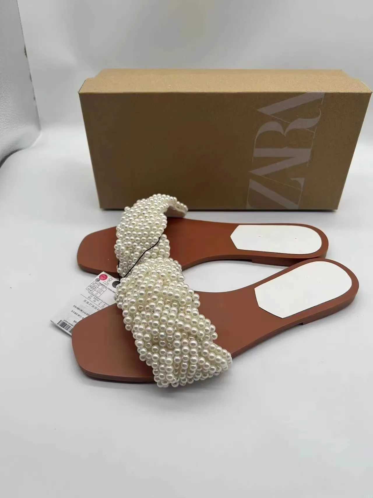 Summer new wens shoes artificial pearl inlaid half slippers open toe to wear flat casual beach shoes Y250304