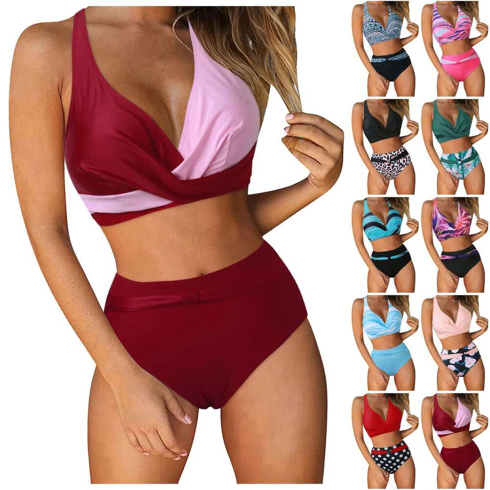 Bandage Sexy Print Bikini Large Size Swimsuit Halter Swimwear Women High Waist Shirring Bikinis Sets Beach Outfits Bathing Suits Km-Ly
